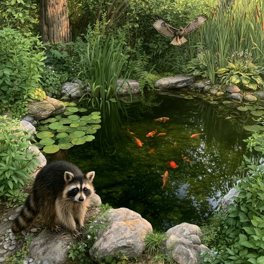 Koi pond predators looking at their prey